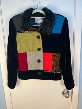 VTG Lucia Lukken Velvet Jacket Medium Black Faux Fur Collar Patchwork Preppy